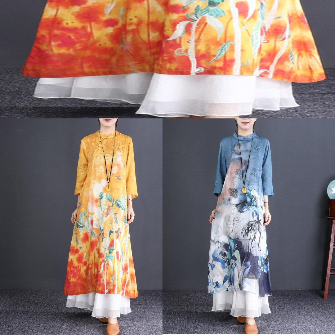Bohemian yellow print linen clothes Casual Shape stand collar Plus Size Dress - Omychic