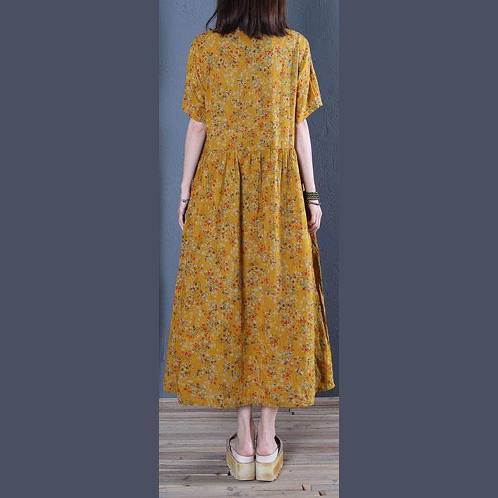 Bohemian yellow print linen cotton dress o neck wrinkled cotton robes summer Dress - Omychic