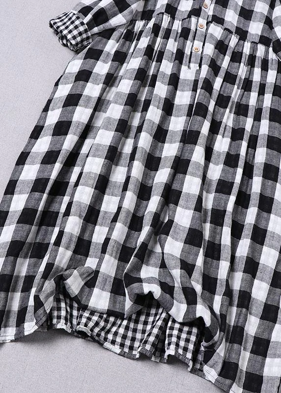 Bohemian Black White Plaid Peter Pan Collar Pockets Button Fall Patchwork Dresses