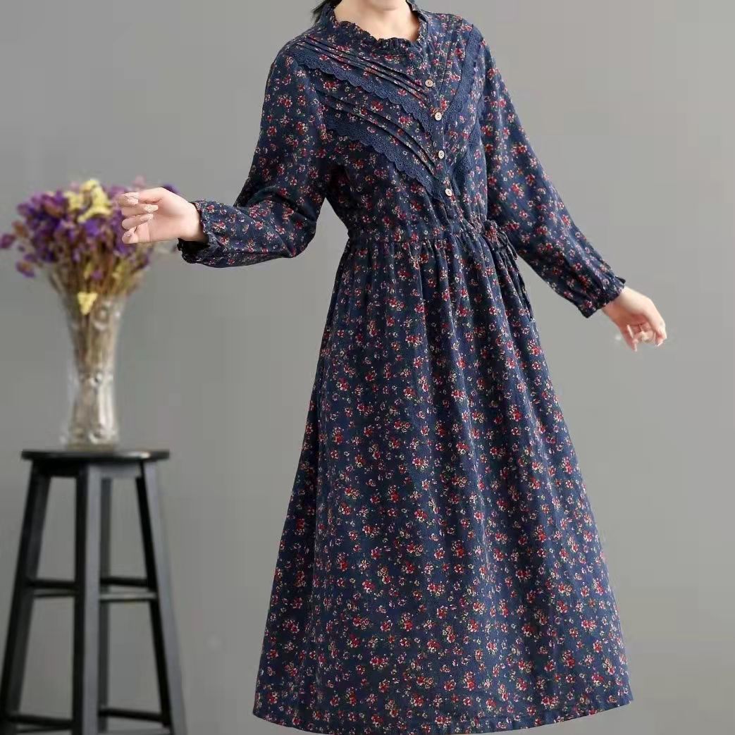 Bohemian Blue Pockets Print Loose Fall Maxi Dress Long sleeve