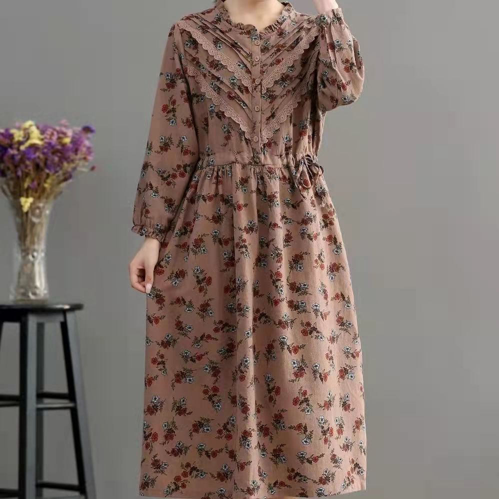 Bohemian Blue Pockets Print Loose Fall Maxi Dress Long sleeve