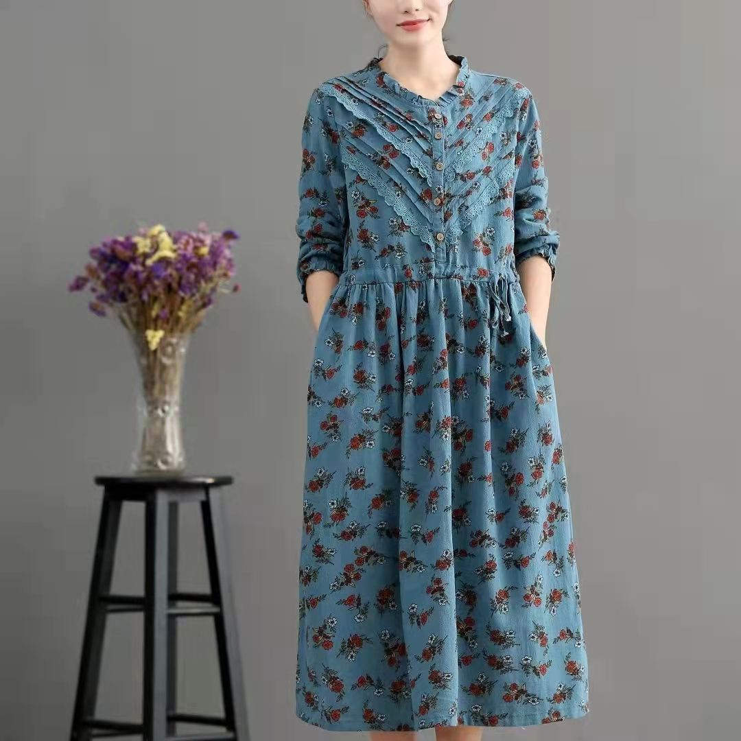 Bohemian Blue Pockets Print Loose Fall Maxi Dress Long sleeve