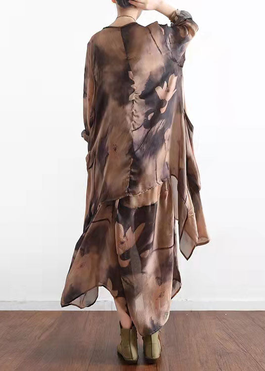 Bohemian Khaki Asymmetrical Print Silk Cardigans And Dress Two Piece Suit Set Summer