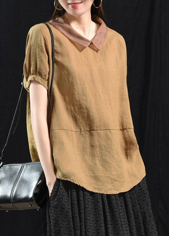 Bohemian Khaki Patchwork Turn-down Collar Summer Short Sleeve Top - Omychic