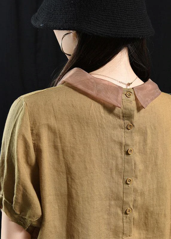 Bohemian Khaki Patchwork Turn-down Collar Summer Short Sleeve Top - Omychic
