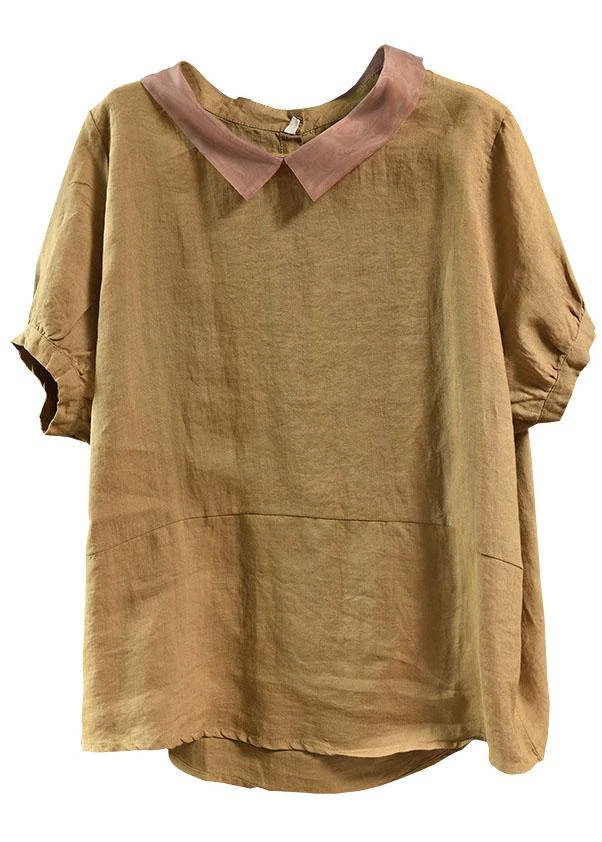 Bohemian Khaki Patchwork Turn-down Collar Summer Short Sleeve Top - Omychic