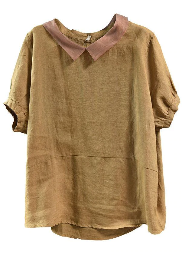 Bohemian Khaki Patchwork Turn-down Collar Summer Short Sleeve Top