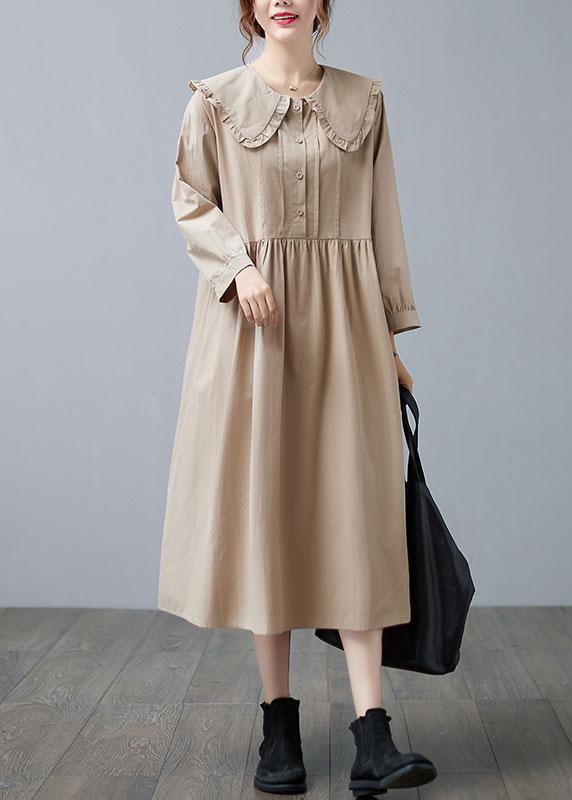 Boho Apricot Ruffled Patchwork Button Fall Dress Long sleeve - Omychic