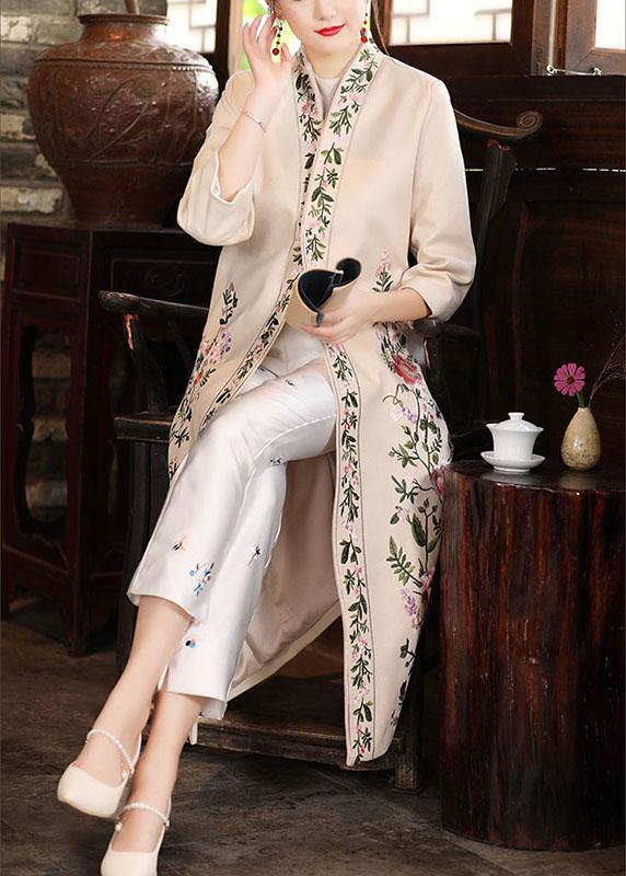 Boho Apricot V Neck Print Oriental Fall Winter Three Quarter sleeve Coat - Omychic