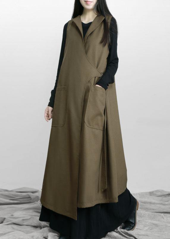 Boho Army Green Asymmetrical Design Pockets Fall Long Waistcoat - Omychic