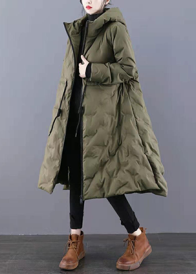 Boho Army Green Hooded Drawstring Side Open Thick Duck Down Down Coats Winter