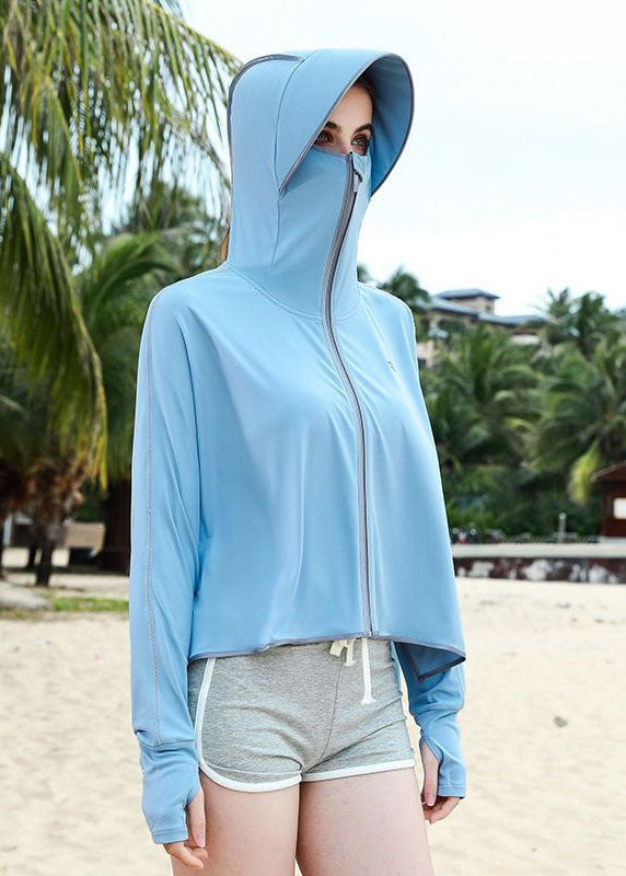 Boho Baby Blue Hooded Zippered Patchwork Ice Silk UPF 50+ Coat Summer
