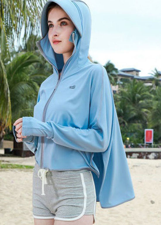 Boho Baby Blue Hooded Zippered Patchwork Ice Silk UPF 50+ Coat Summer