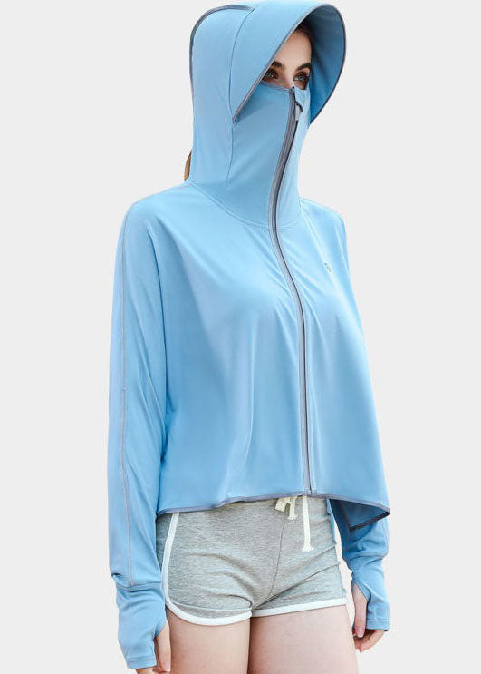 Boho Baby Blue Hooded Zippered Patchwork Ice Silk UPF 50+ Coat Summer