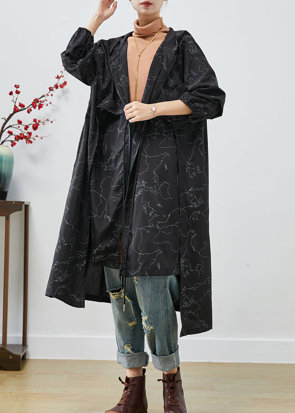 Boho Black Asymmetrical Print Drawstring Spandex Trench Coats Fall