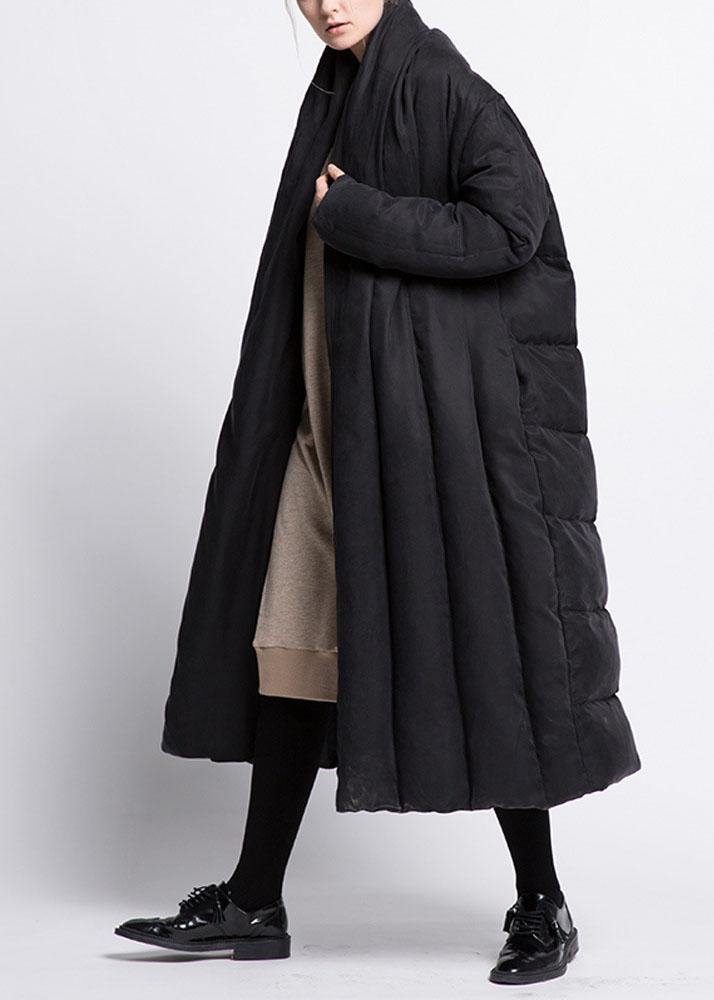 Boho Black Bow Pockets Thick Loose Winter Duck Down Down Coat - Omychic