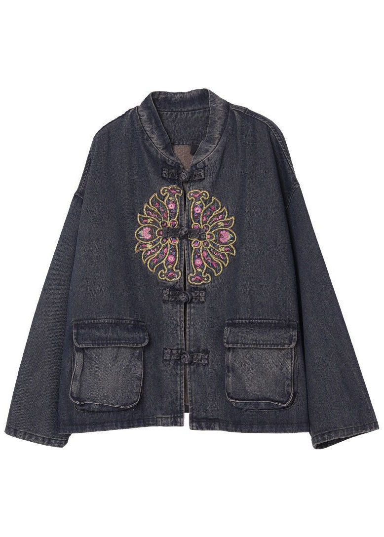 Boho Black Button Embroideried Pockets Fall Denim Jackets