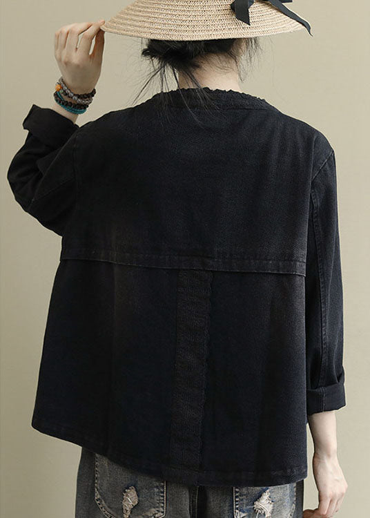 Boho Black Casual Button Embroideried Fall Denim Coat