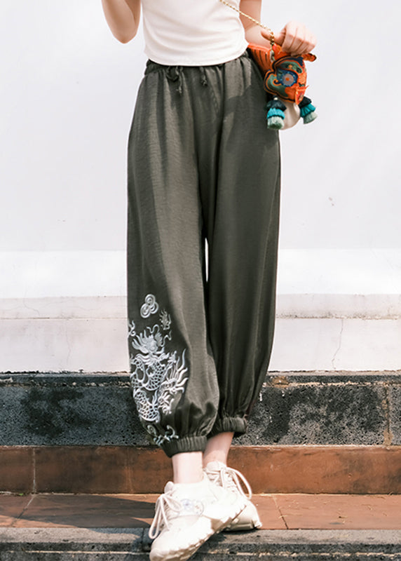 Boho Black Embroideried Pockets Tie Waist Crop Pants Fall