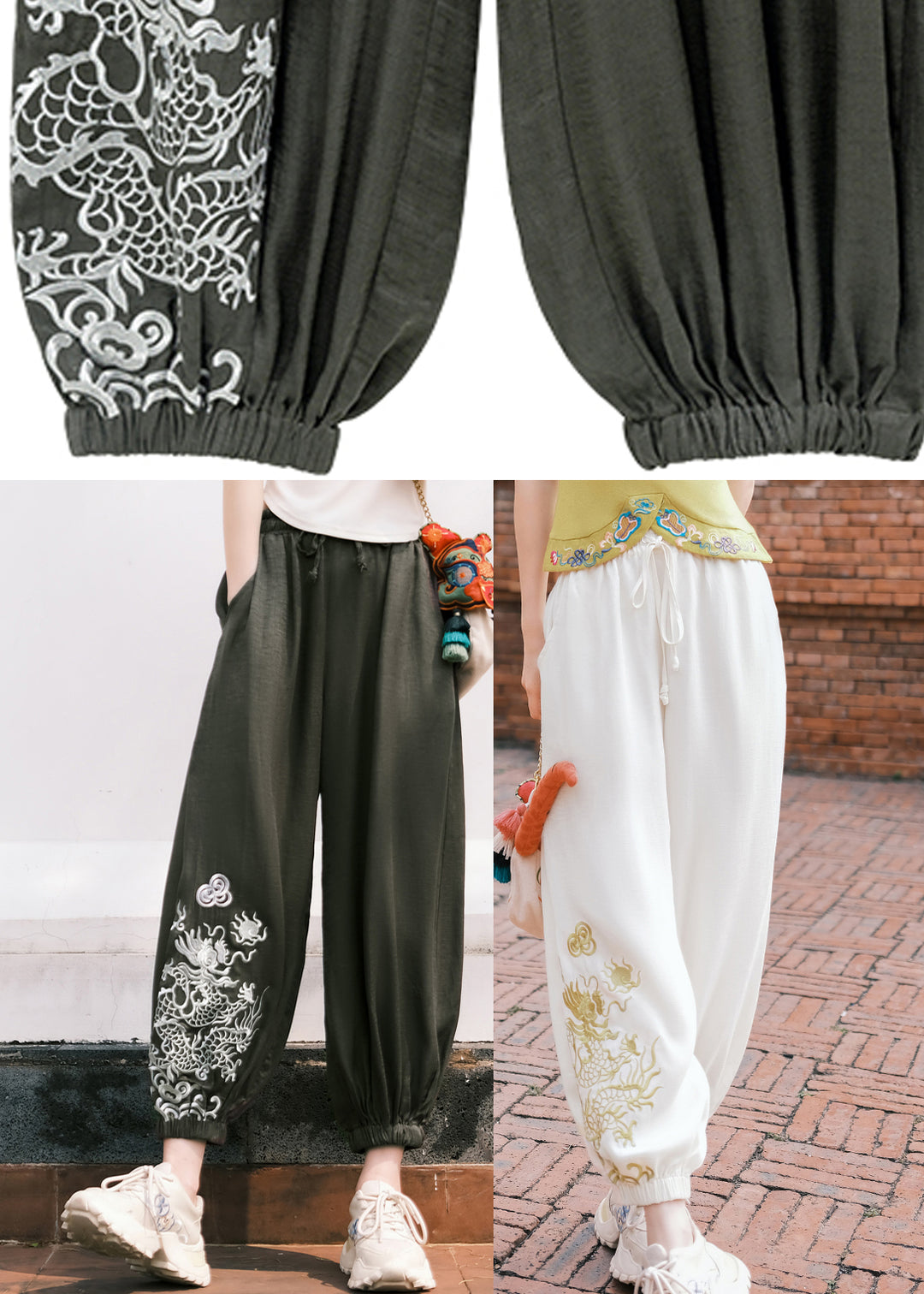 Boho Black Embroideried Pockets Tie Waist Crop Pants Fall