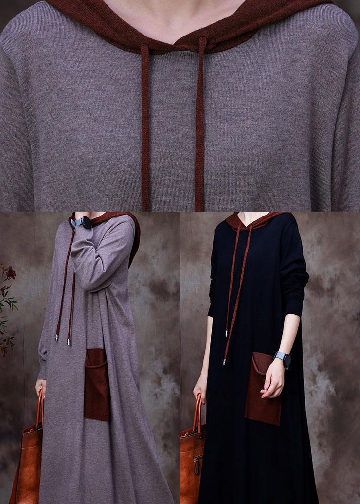 Boho Black Hooded Woolen Sweatshirt dress Winter - Omychic