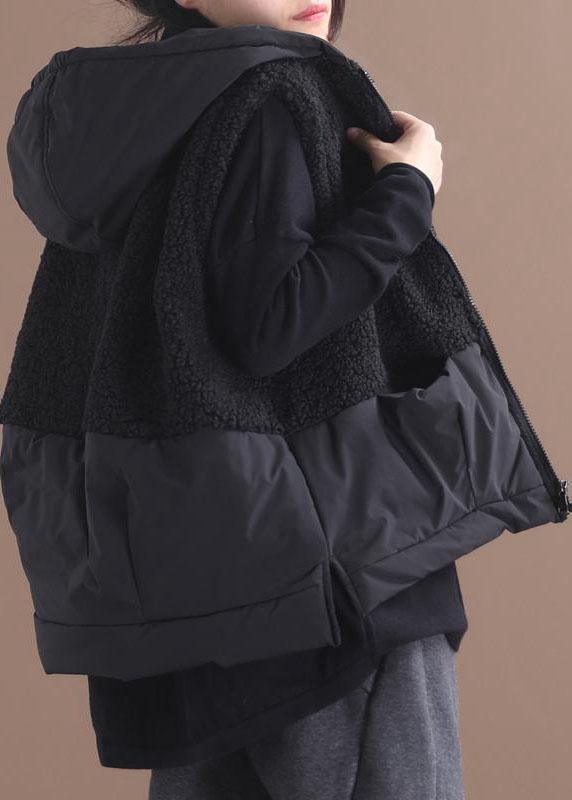 Boho Black Hooded Zippered Pockets Patchwork Winter Waistcoat - Omychic