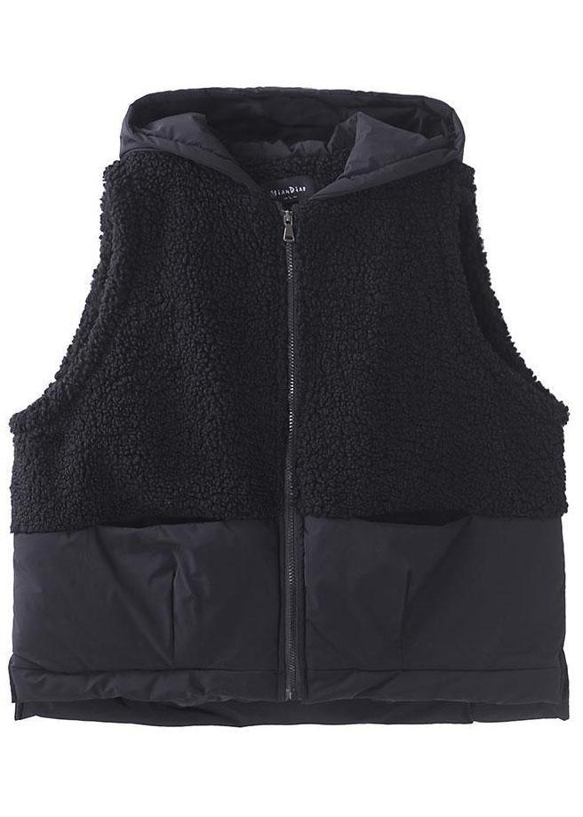 Boho Black Hooded Zippered Pockets Patchwork Winter Waistcoat - Omychic