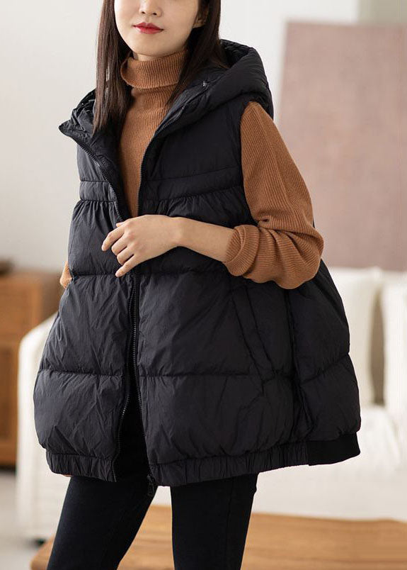 Boho Black Hooded Zippered Warm Duck Down Vest Winter