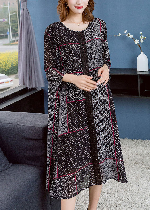 Boho Black O Neck Asymmetrical Design Patchwork Chiffon Dresses Summer – Omychic