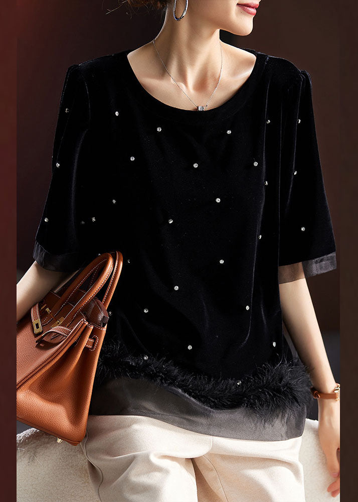 Boho Black O-Neck Zircon Tassel Patchwork Fluffy Silk Velour Top Summer