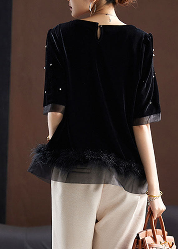 Boho Black O-Neck Zircon Tassel Patchwork Fluffy Silk Velour Top Summer