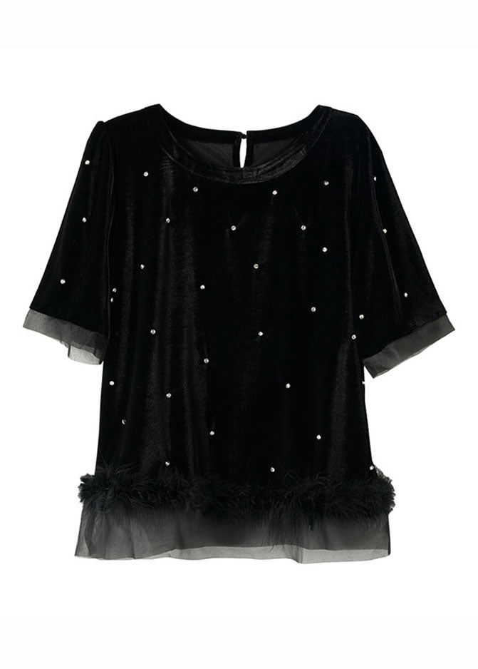 Boho Black O-Neck Zircon Tassel Patchwork Fluffy Silk Velour Top Summer