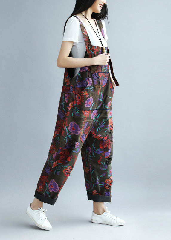 Boho Black Oversized Butterfly Print Ripped Cotton Overalls Jumpsuit Spring