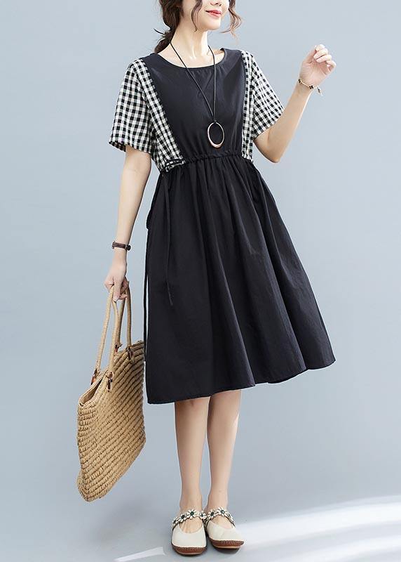 Boho Black Patchwork Plaid Cotton  Loose Summer Long Dress - Omychic