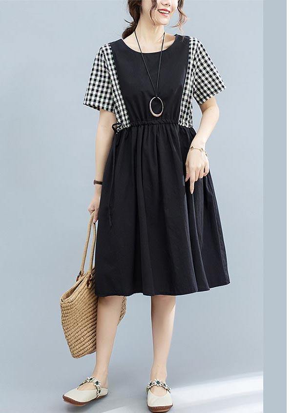 Boho Black Patchwork Plaid Cotton  Loose Summer Long Dress - Omychic