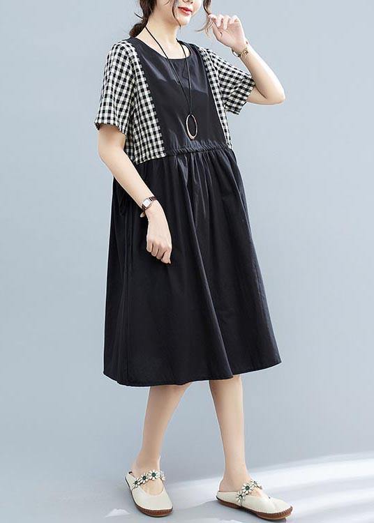 Boho Black Patchwork Plaid Cotton  Loose Summer Long Dress - Omychic