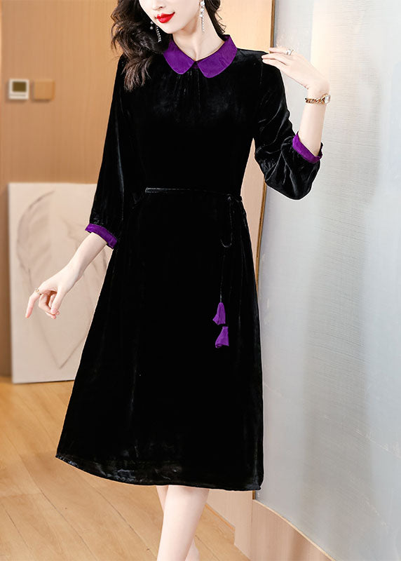 Boho Black Peter Pan Collar Patchwork Silk Velour Maxi Dresses Long Sleeve