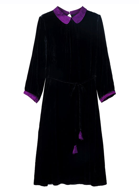 Boho Black Peter Pan Collar Patchwork Silk Velour Maxi Dresses Long Sleeve