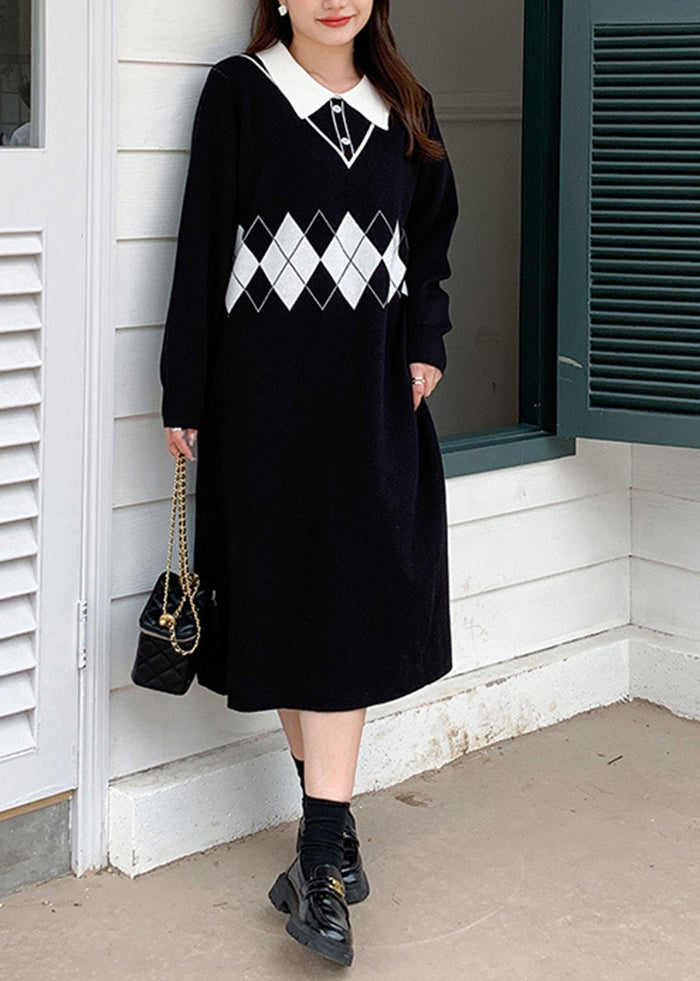 Boho Black Peter Pan Collar Print Knit Robe Dresses Fall