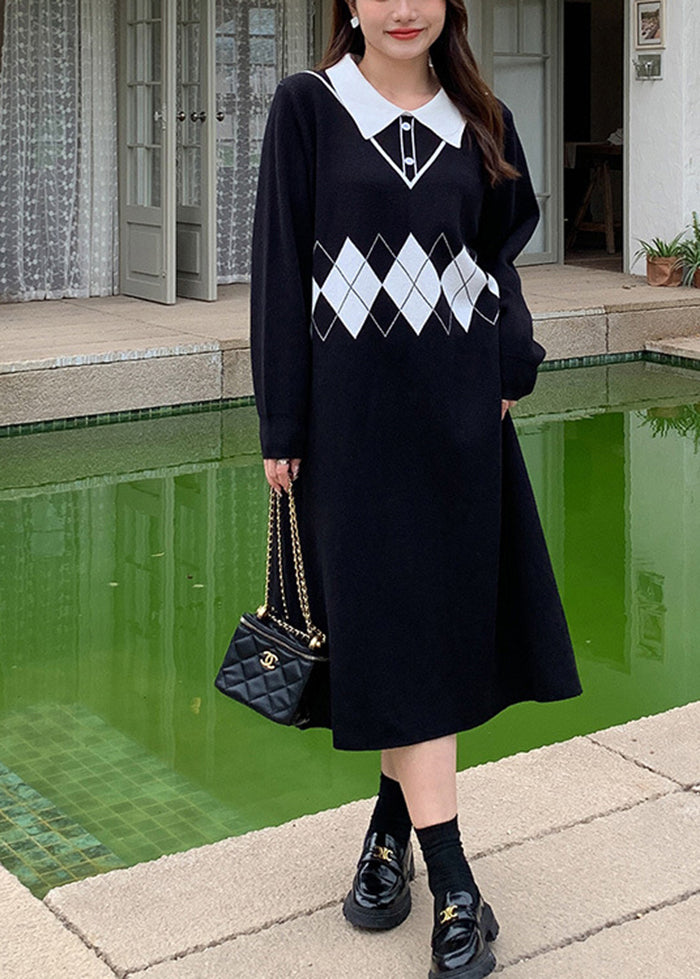 Boho Black Peter Pan Collar Print Knit Robe Dresses Fall