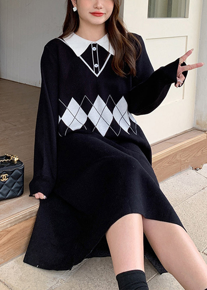 Boho Black Peter Pan Collar Print Knit Robe Dresses Fall