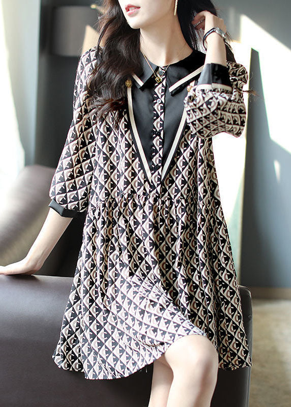 Boho Black Peter Pan Collar Print Patchwork Chiffon Dresses Spring