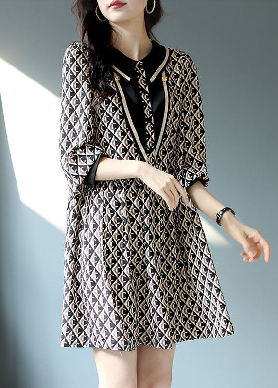 Boho Black Peter Pan Collar Print Patchwork Chiffon Dresses Spring