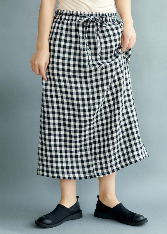 Boho Black Plaid Pockets Fall Tie Waist Skirt - Omychic