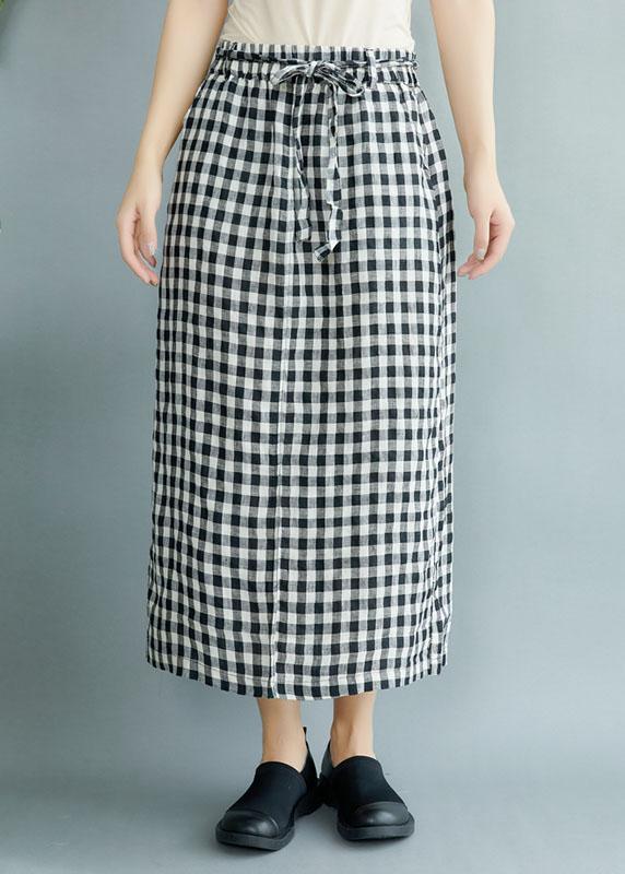 Boho Black Plaid Pockets Fall Tie Waist Skirt - Omychic