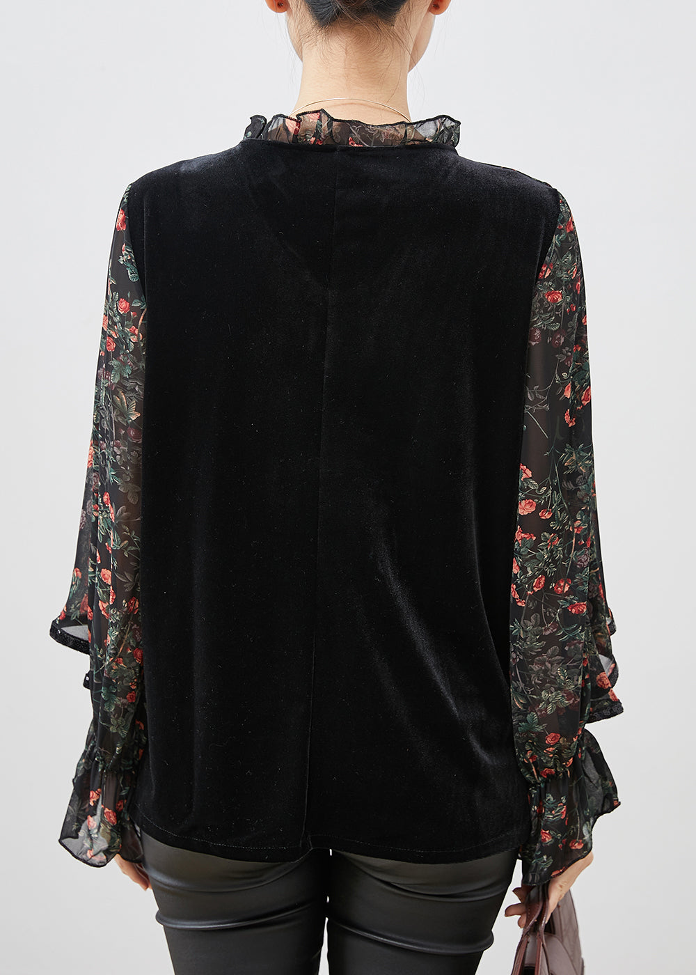 Boho Black Print Ruffled Patchwork Velour Chiffon Shirt Spring