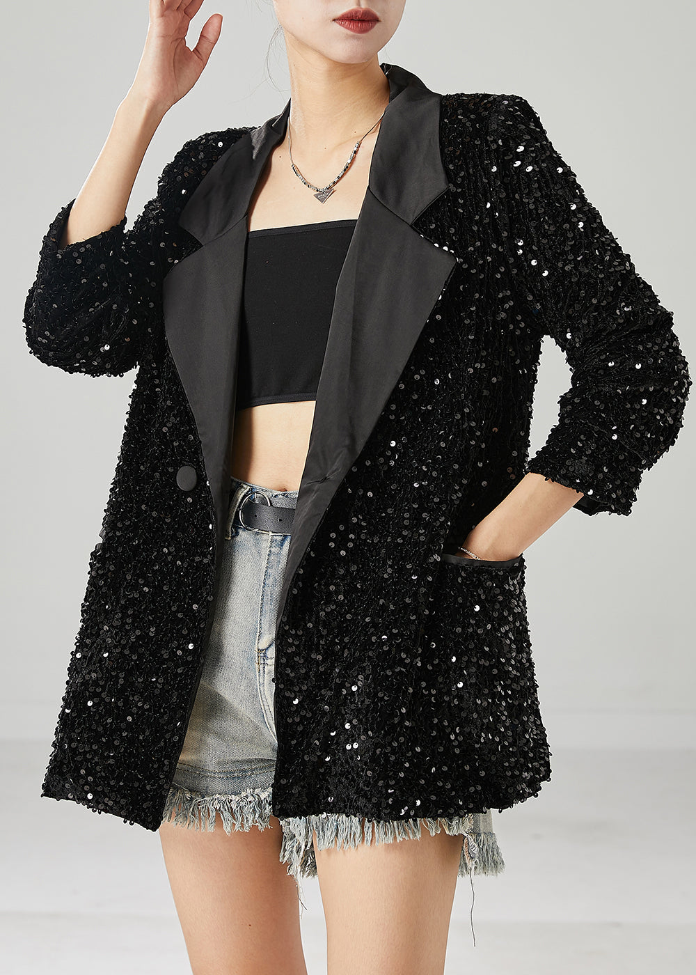 Boho Black Sequins Double Breast Jackets Spring
