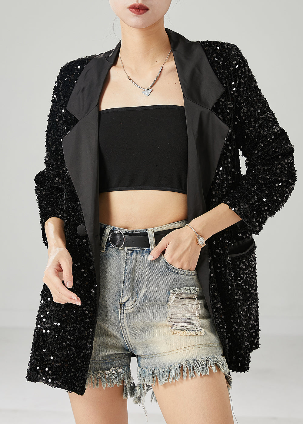 Boho Black Sequins Double Breast Jackets Spring