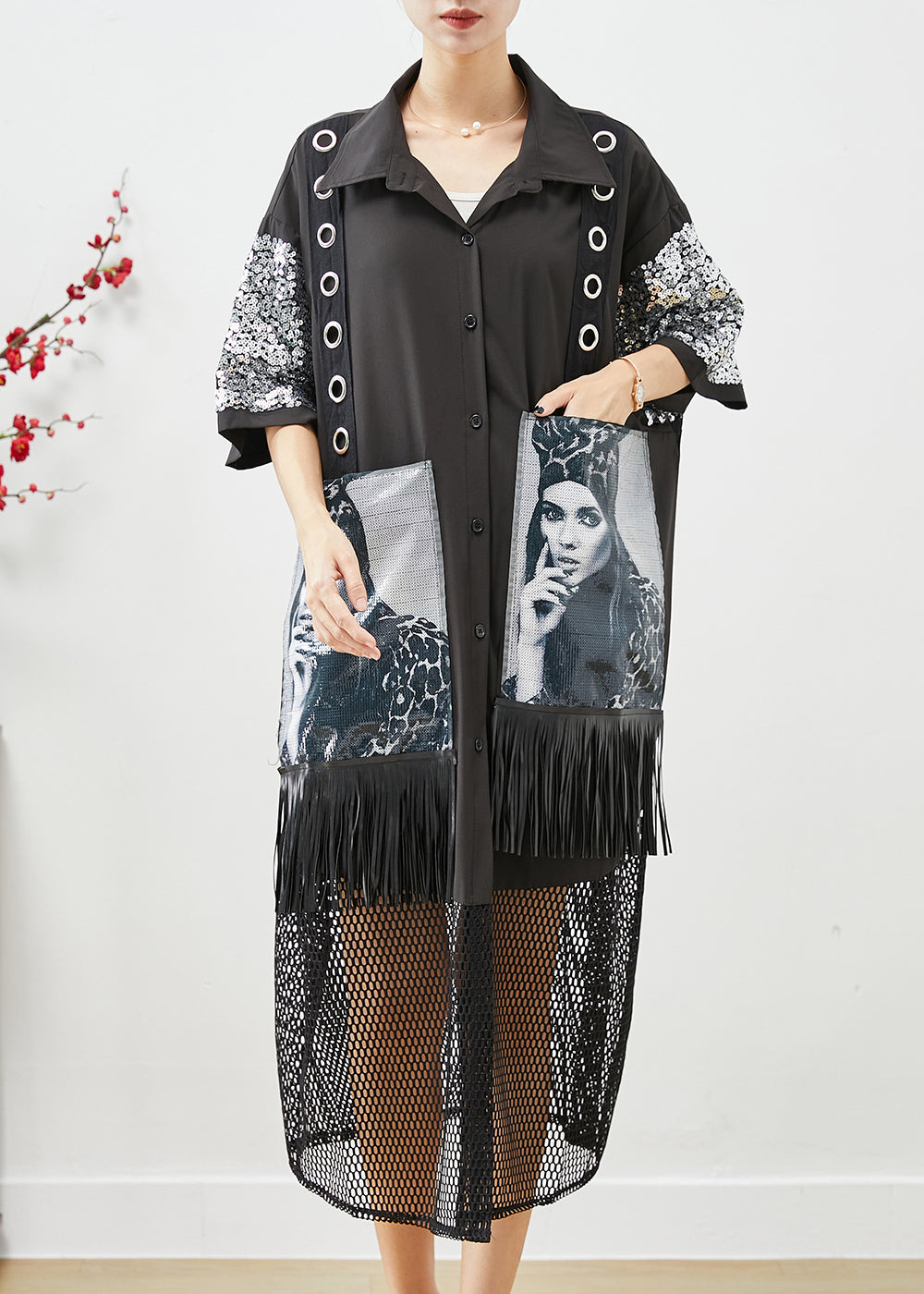 Boho Black Sequins Patchwork Hollow Out Tasseled Maxi Dresses Fall