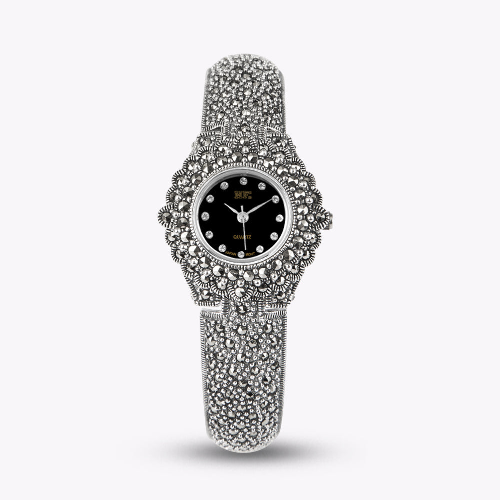 Boho Black Sterling Silver Zircon Metal Organic Glass Wrist Watch